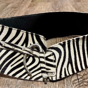Wide Zebra Print Calf Hair Leather Belt with Hook Buckle